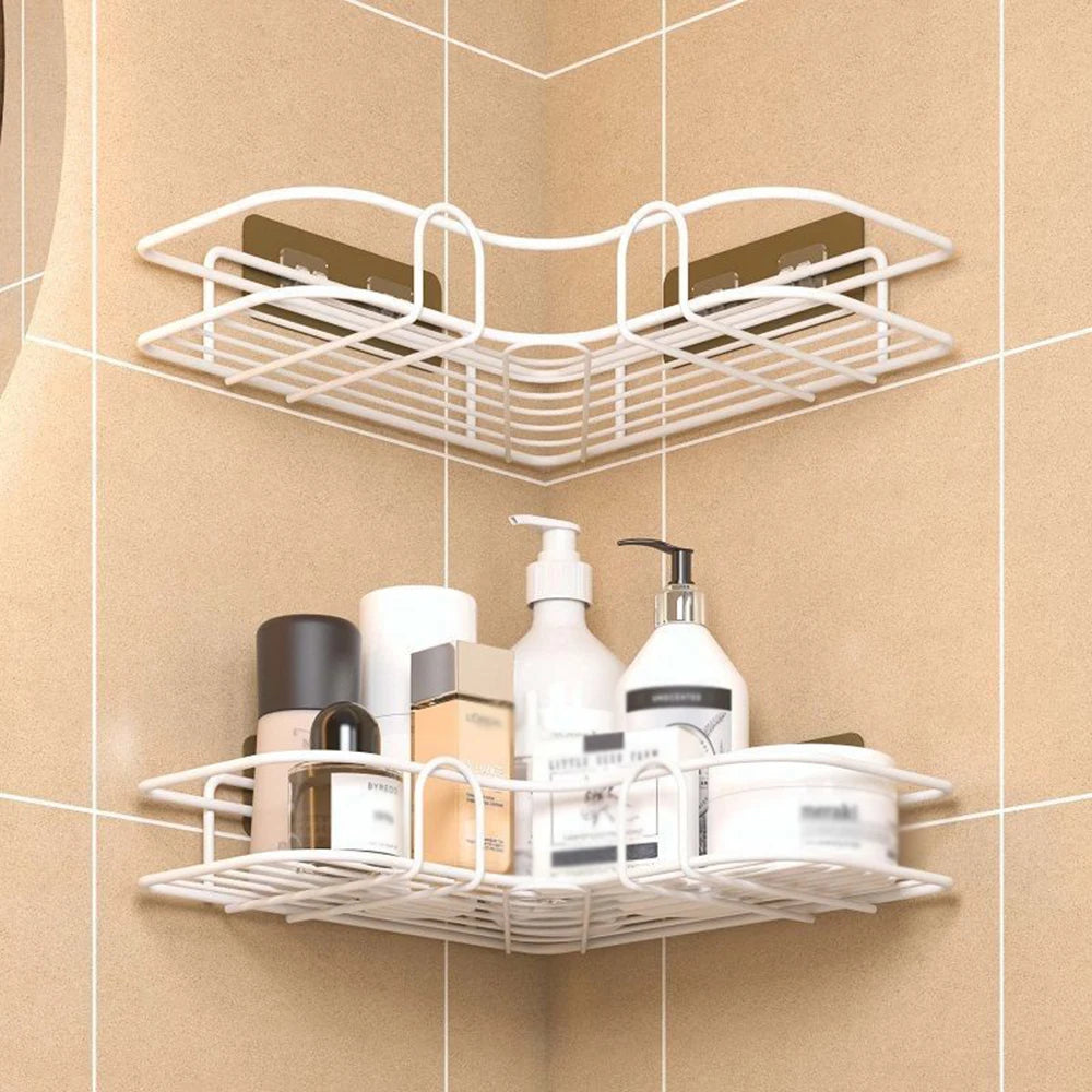 1PC Wall Mounted Non-Perforated Metal Triangle Storage Rack for Bathroom Toilet Shower Area Washbasin Organization