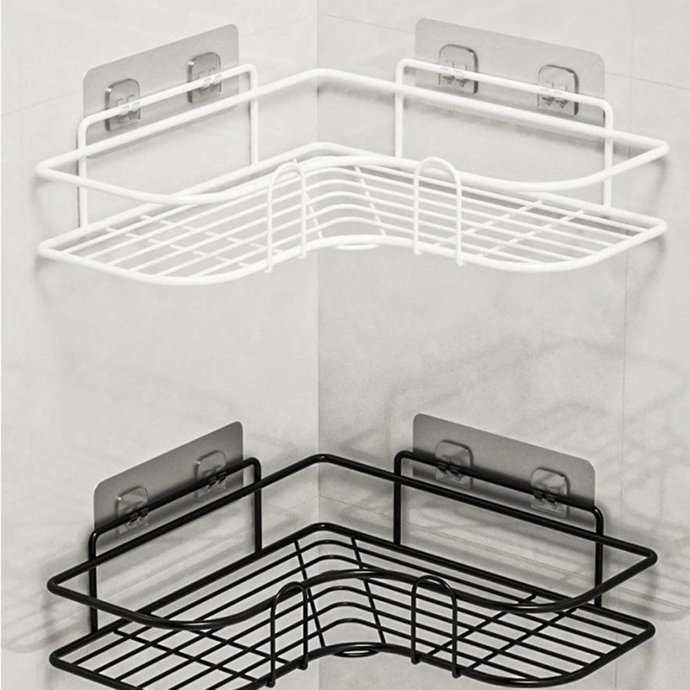 1PC Wall Mounted Non-Perforated Metal Triangle Storage Rack for Bathroom Toilet Shower Area Washbasin Organization