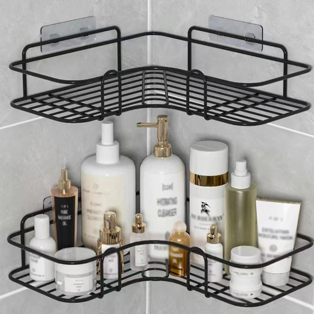 1PC Wall Mounted Non-Perforated Metal Triangle Storage Rack for Bathroom Toilet Shower Area Washbasin Organization