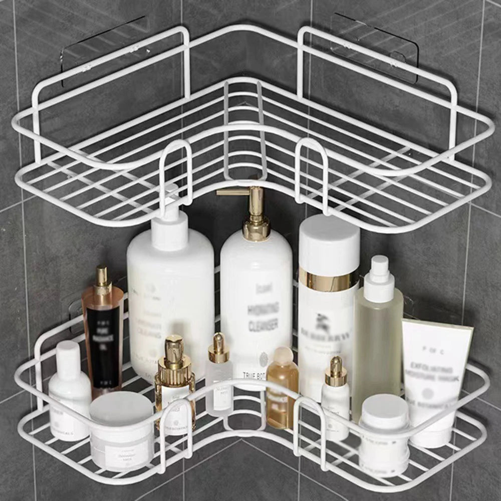 1PC Wall Mounted Non-Perforated Metal Triangle Storage Rack for Bathroom Toilet Shower Area Washbasin Organization