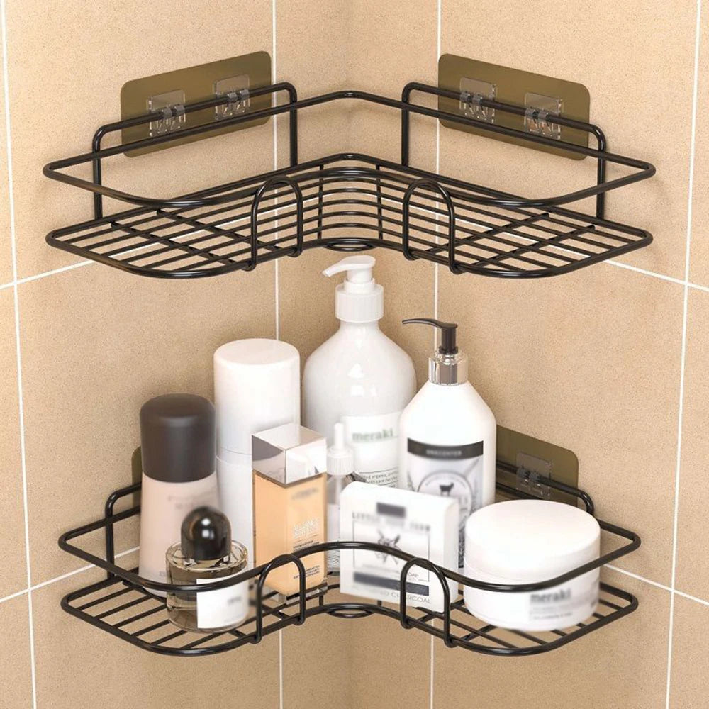 1PC Wall Mounted Non-Perforated Metal Triangle Storage Rack for Bathroom Toilet Shower Area Washbasin Organization