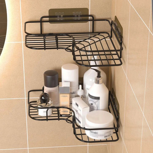 1PC Wall Mounted Non-Perforated Metal Triangle Storage Rack for Bathroom Toilet Shower Area Washbasin Organization